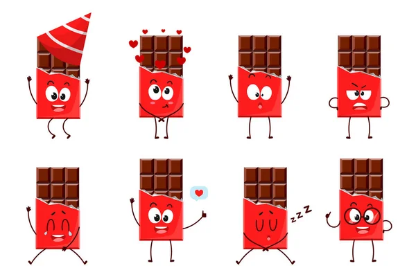 Conjunto Doces Desenhos Animados Com Emoções Diferentes Chocolate Dormindo Risos —  Vetores de Stock