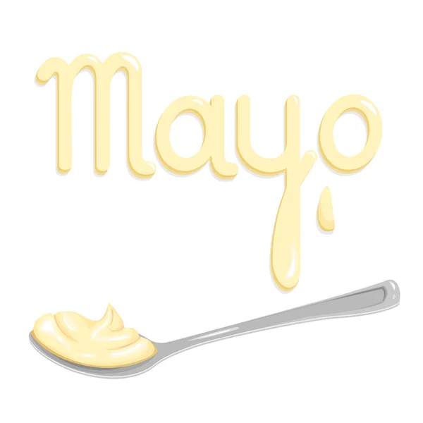 Cartoon Silver Spoon Mayonnaise Cream Cheese Cream Side View Lettering — Vettoriale Stock