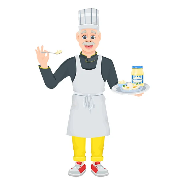 Smiling Old Chef Holds His Hand Spoonful Mayonnaise Silver Dish — Stockový vektor