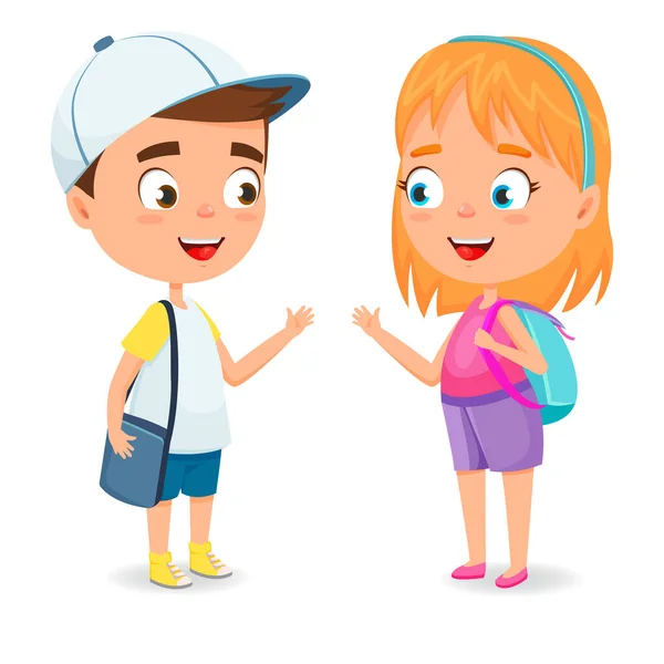 Schoolchildren Girl Boy Met School Concept Friendship Acquaintance — Stockvector