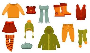 Set of children winter and autumn clothes boots jackets, hats, scarves, clothing sets. Vector cartoon illustration for winter or fall design isolated on a white background.