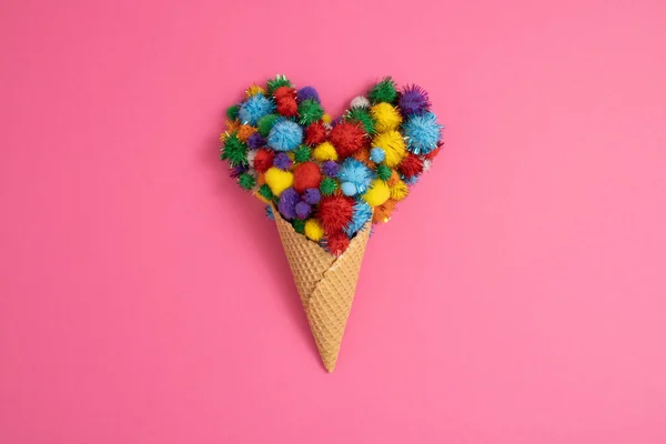 Colorful Pom Poms Ice Cream Cone Pink Background Minimal Concept — Fotografia de Stock
