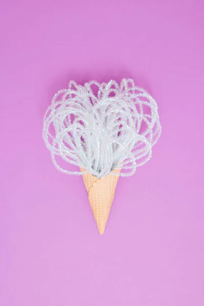 Shiny Decorations Ice Cream Cone Bright Pink Background Minimal Concept — Fotografia de Stock