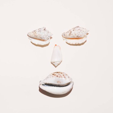 Beyaz arka planda deniz kabuklarından yapılmış yaratıcı insan yüzü. Minimum seyahat, tatil ya da yaz konsepti. Düz yatıyordu.