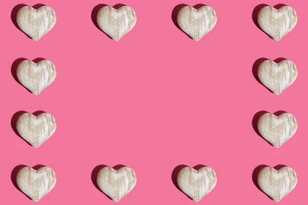 Nahtloses Muster Aus Holzherzen Auf Rosa Hintergrund Liebe Oder Valentinstag — Stockfoto