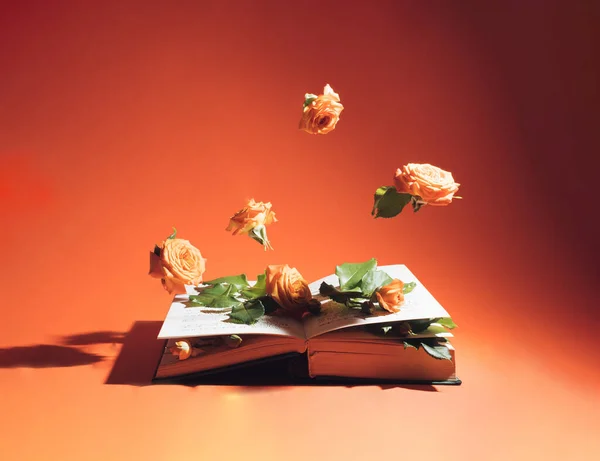 オレンジのバラの花と古い本とファンタジー魔法の暗い背景 魔法の占い ロイヤリティフリーのストック写真
