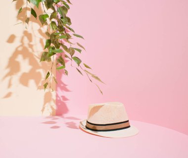 Zarif yaz Akdeniz arkaplanı - dalında saman şapka ve yeşil yapraklar, bej renkli duvarda benekli gölgeler, kopyalama alanı. Asgari tasarım.