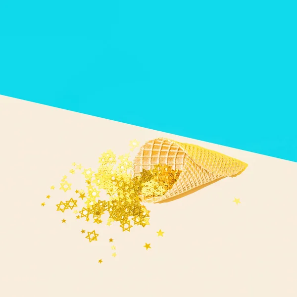 Golden Ice Cream Cone White Blue Background Gold Glitter Minimal — Fotografia de Stock