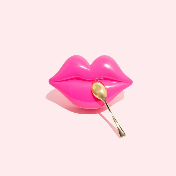 Creative Layout Pink Kiss Lips Golden Spoon Isolated White Background — 스톡 사진