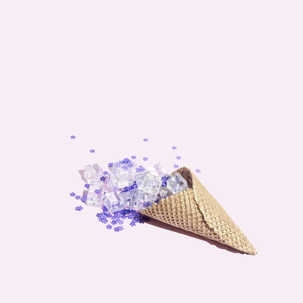 Golden Ice Cream Cone Pastel Purple Background Purple Glitter Ice — Stok fotoğraf