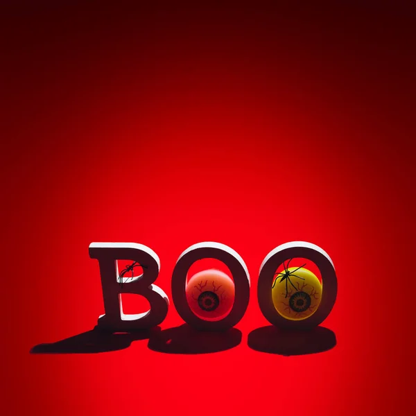 Word Boo Bloodshot Eyes Spiders Red Gradient Background Happy Halloween — Stock Fotó