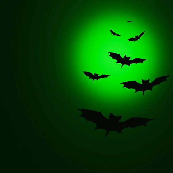 Halloween moon. Scary october night moon with flying bats flock spooky green background.