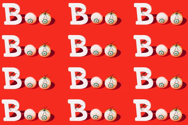 Halloween Seamless Pattern Word Boo Spiders Bloodshot Eyes Vibrant Red — 스톡 사진