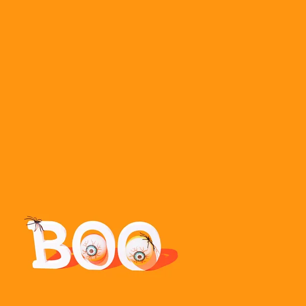Word Boo Bloodshot Eyes Spiders Orange Background Happy Halloween Greeting — Stock fotografie