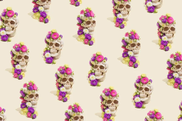 Creative Seamless Pattern Made Realistic Human Skulls Colorful Flowers Pastel — Stock Photo, Image