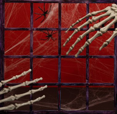 Terk edilmiş, perili bir evde hayalet. Örümceklerin, örümcek ağının ve iskelet elin olduğu korku sahnesi. Cadılar Bayramı kompozisyonu.