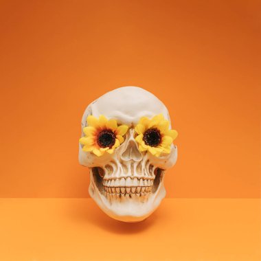 Canlı turuncu arka planda gözler yerine parlak sarı çiçekli gerçekçi insan kafatası. Komik, ürkütücü Cadılar Bayramı kompozisyonu.