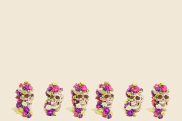 Creative Seamless Pattern Made Realistic Human Skulls Colorful Flowers Pastel — Stock Photo, Image