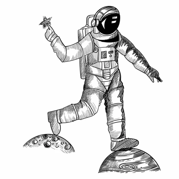 Hand Draw Astronaut Cosmonaut Space Sketch Design — Stock Vector