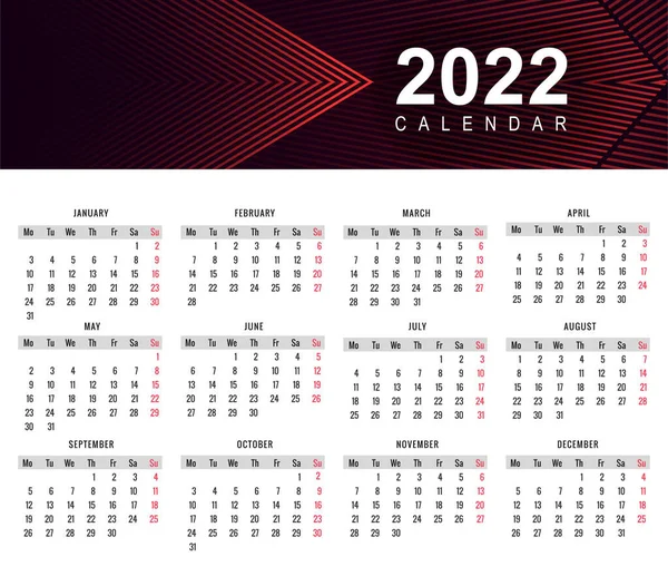 Resumen 2022 Nuevo Año Calendario Plantilla Diseño — Vector de stock