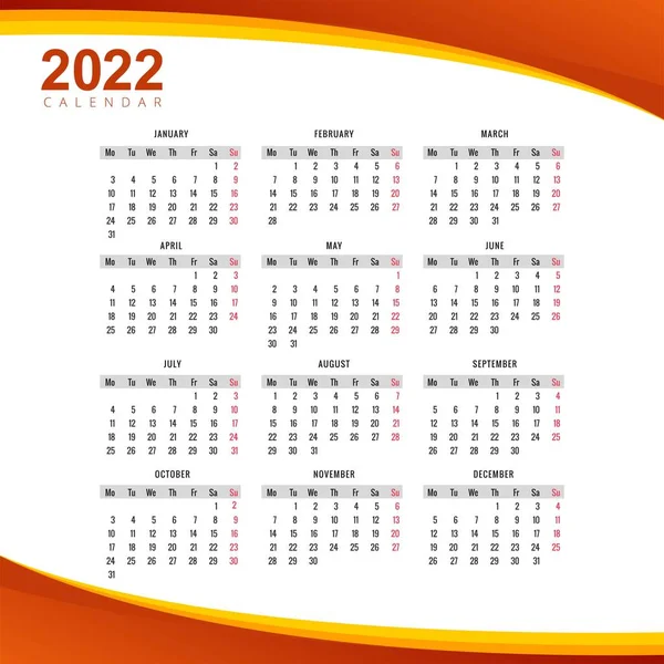 Beautiful Wave Style 2022 New Year Calendar Design — Stock Vector