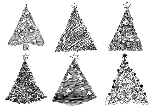 Disegnato Mano Disegno Creativo Albero Natale Disegno Carta Set — Vettoriale Stock
