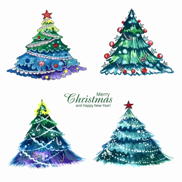 Disegnato Mano Artistico Decorativo Albero Natale Set Design — Vettoriale Stock