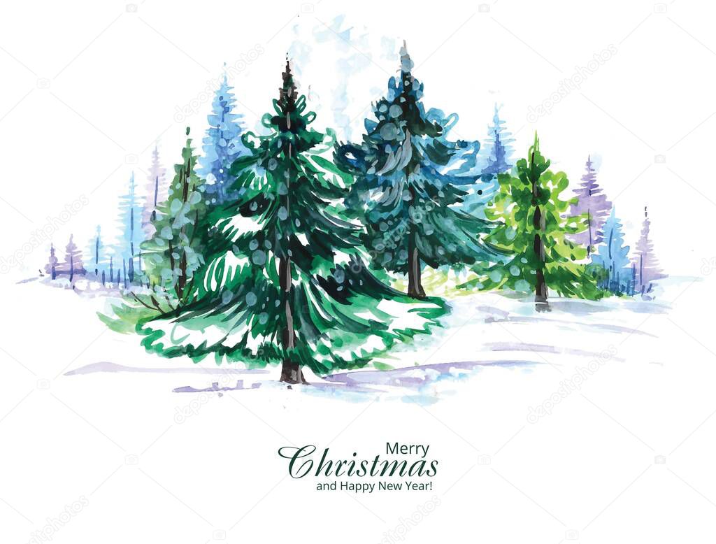Beautiful decorated christmas tree in a winter landscape background