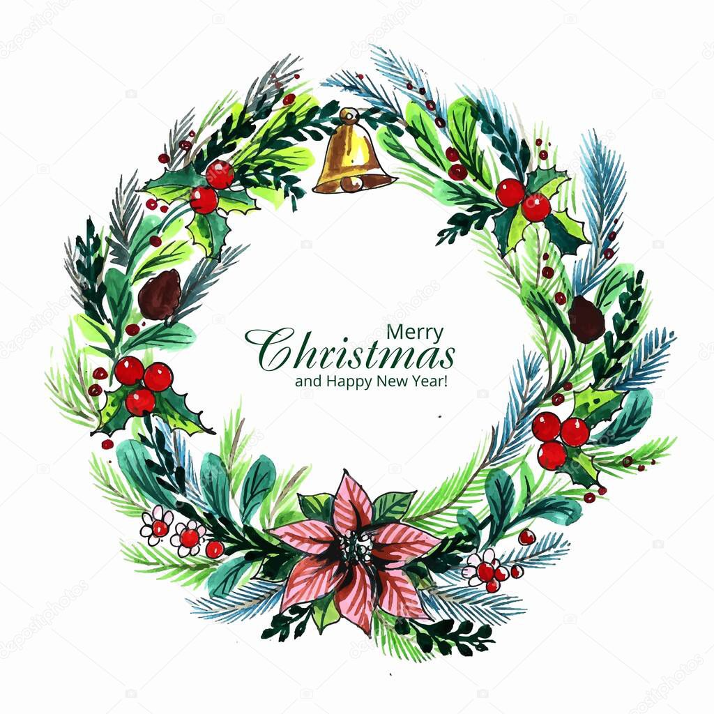 Hand draw artistic christmas decorative wreath celebration card design