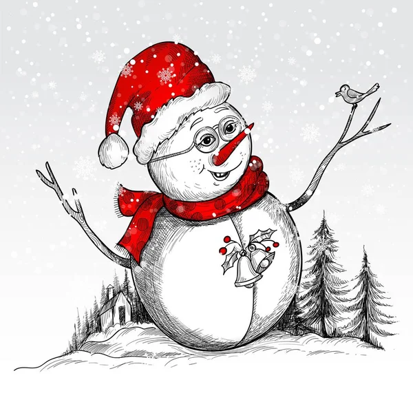 Kézimunka Aranyos Vidám Hóember Vázlat Vidám Karácsonyi Kártya Háttér — Stock Vector