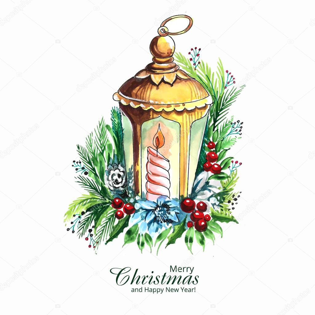 Decorative christmas lantern with a candle on spruce branch card design