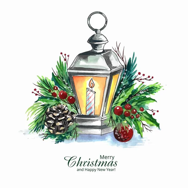 Beautiful Decorative Wreath Christmas Lantern Card Background — Stock Vector