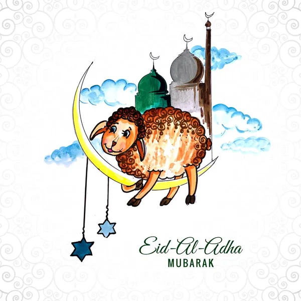 Tarjeta Eid Adha Con Ilustración Cabra Fondo Acuarela — Vector de stock