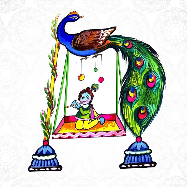 Indah Kartu Agama Shree Krishna Janmashtami Latar Belakang - Stok Vektor