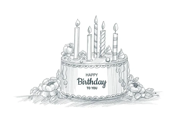 キャンドルのスケッチデザインと幸せな誕生日の装飾ケーキ — ストックベクタ