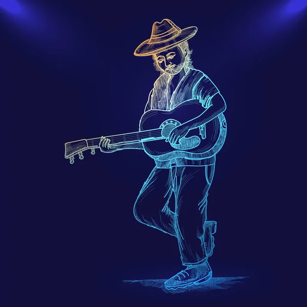 Hand Draw Sketch Man Guitar Player Blue Background — Vetor de Stock
