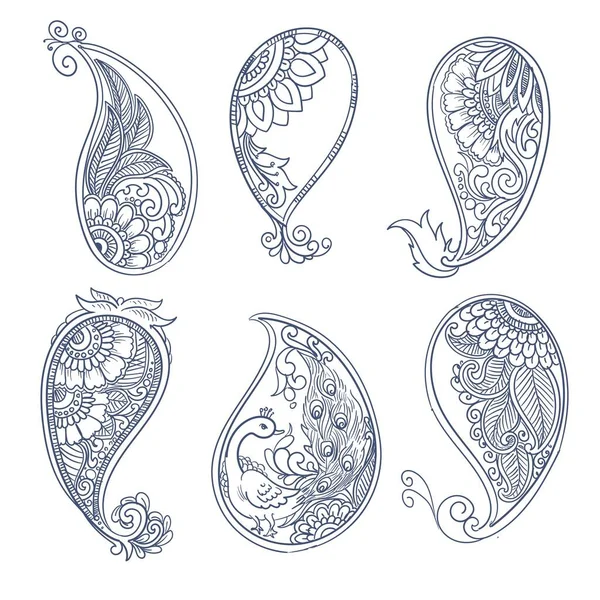 Dibujar Mano Paisley Decorativo Conjunto Diseño — Vector de stock