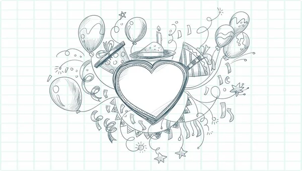 Happy Birthday Sketch Celebration Heart Shape Background — Stock vektor