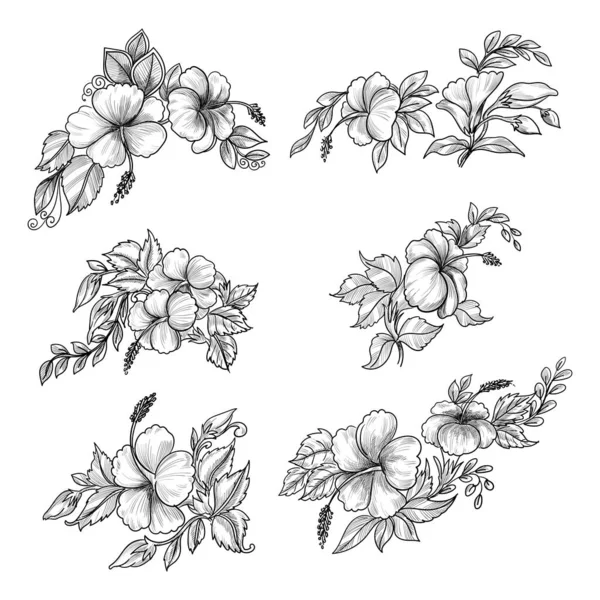 Hermosa Mano Dibujar Diseño Conjunto Floral — Vector de stock