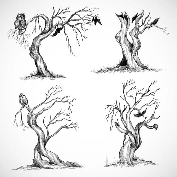 Hand Draw Halloween Tree Sketch Set Design — Vetor de Stock