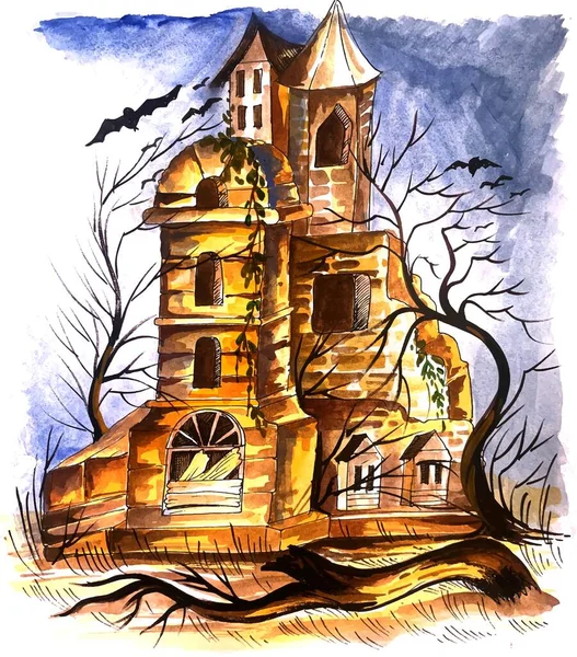 Hermosa Casa Espeluznante Halloween Acuarela Fondo — Vector de stock