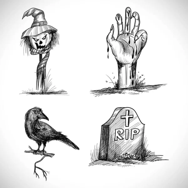 Elementos Halloween Dibujados Mano Diseño Boceto — Vector de stock