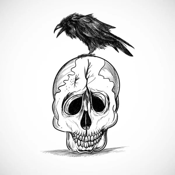 Hand Draw Skull Crow Design — Stockvektor