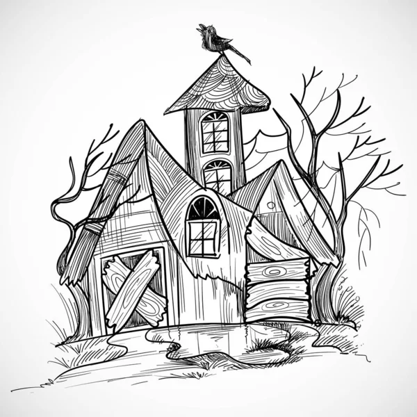 Joyeux Halloween Maison Effrayant Croquis Design — Image vectorielle