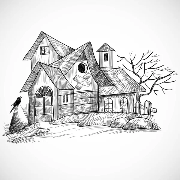 Halloween Scary Farmhouse Hand Draw Sketch Design — Stock Vector