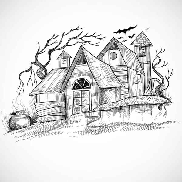 Hounted Old House Halloween Sketch Design — Vettoriale Stock