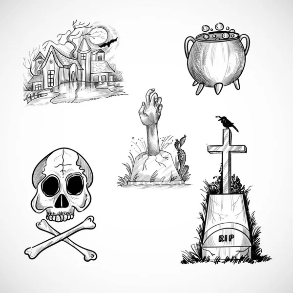 Handgezeichnete Halloween Elemente Setzen Skizze Design — Stockvektor