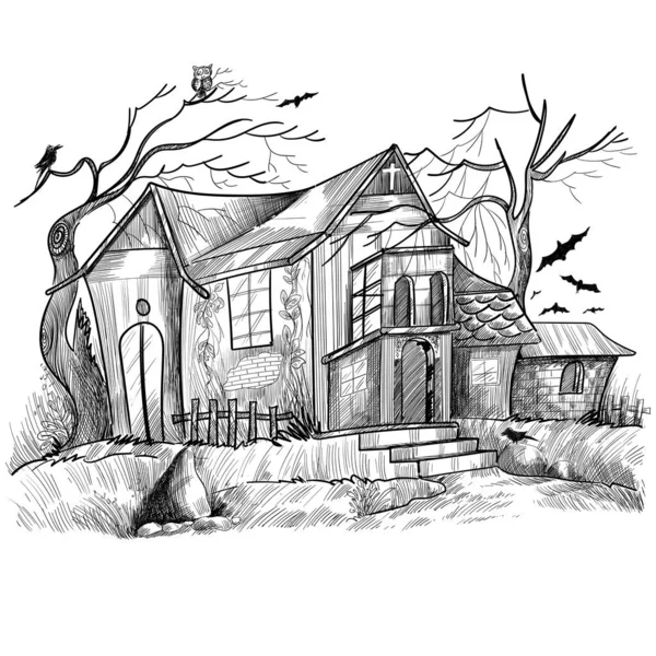 Dessiné Main Hanté Halloween Maison Croquis Design — Image vectorielle