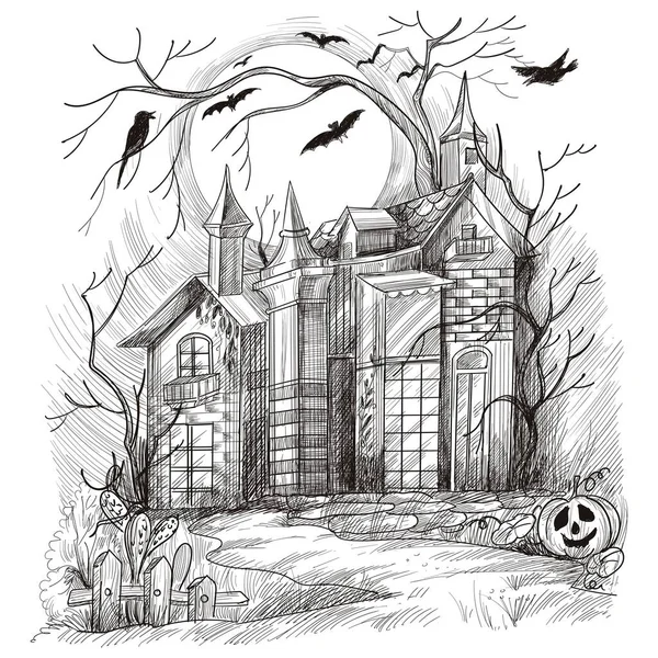 Dessiné Main Halloween Maison Hantée Croquis Design — Image vectorielle