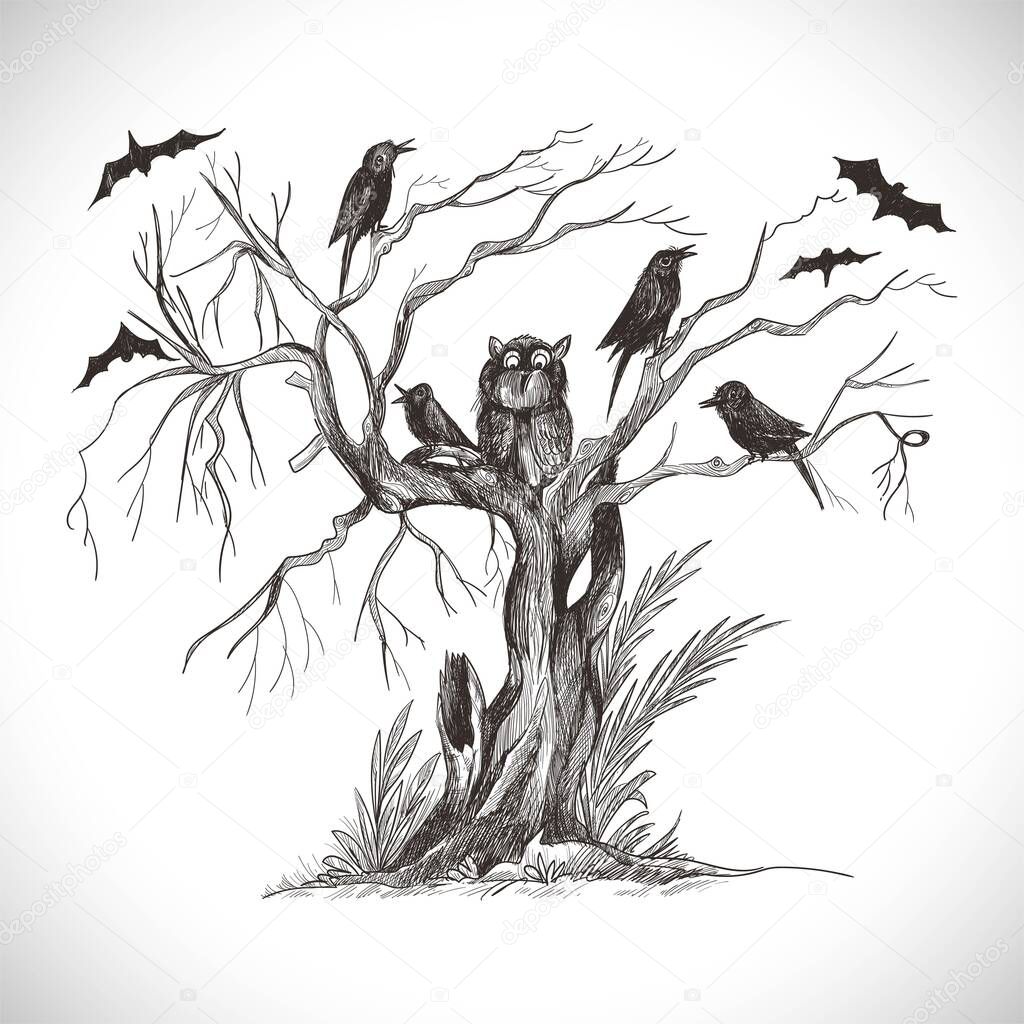 Hand drawn spooky halloween tree sketch design